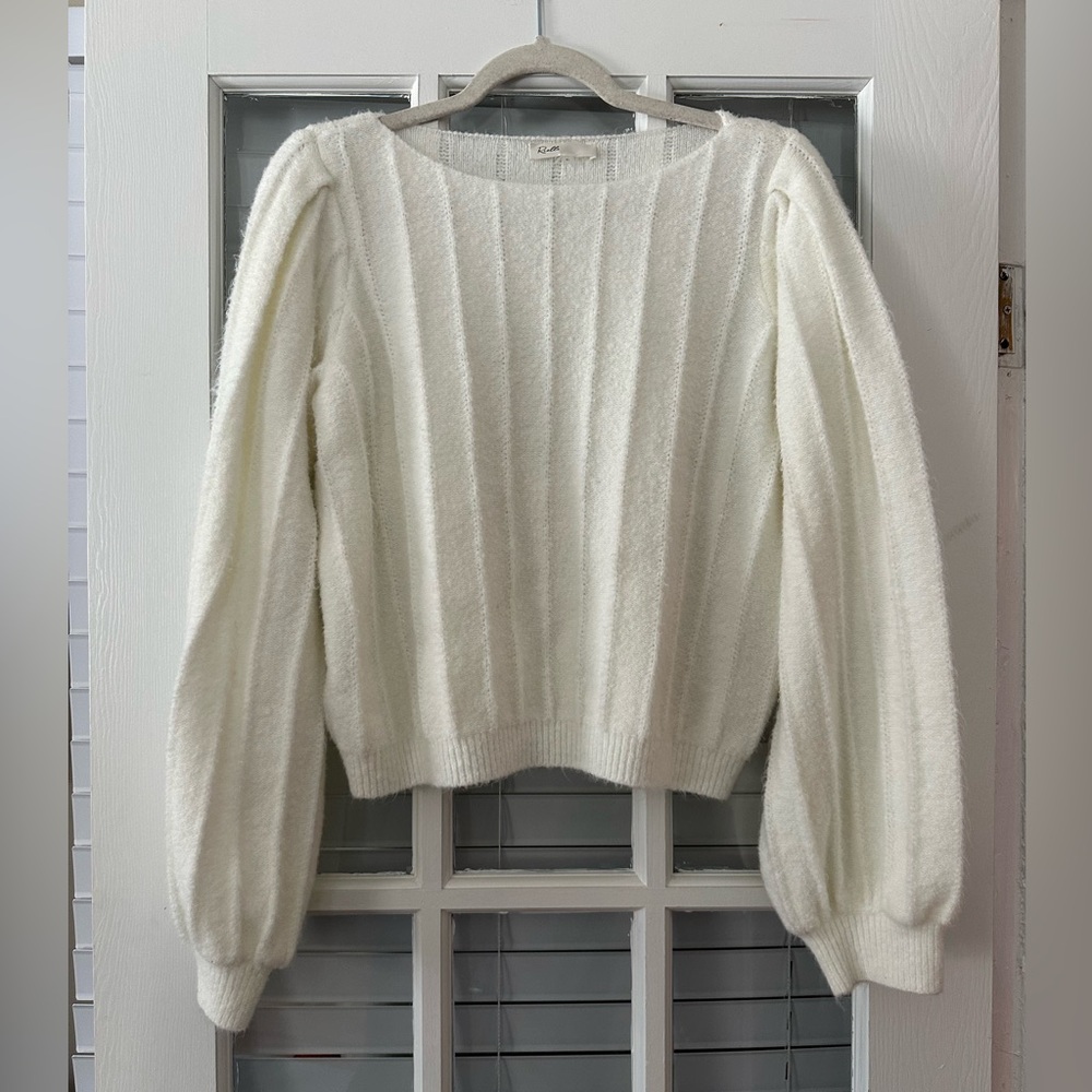 Rielle Women’s XL Creamy White Puff Sleeve Rib Knit Soft Cozy Sweater | SKU 0447